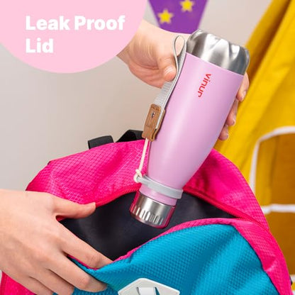 Small Water Bottle-12 oz Leak Proof Insulated Water Bottle with Carry Rope | Double Wall Vacuum Stainless Steel Water Bottle for Travel, School, Cola Shape Flask with Carry Rope (Purple Pink) - color: Purple Pink, size: 12 Ounces