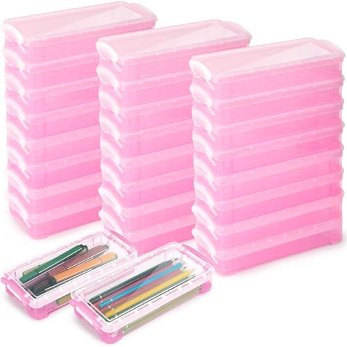 Gueevin 24 Pcs Large Capacity Plastic Pencil Box Clear Plastic Pencil Case Crayon Box with Snap Tight Lid Watercolor Pen Storage Brush Organizer Drawing Tools Container (Light Pink) - color: Light Pink