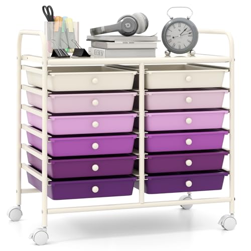 Giantex 12 Drawers Rolling Cart, Mobile Storage Drawer Cart, Classroom Organizer Cart for Office School Supplies Tools Scrapbook Paper Craft Small Printer, Utility Cart on Wheels, Purple Gradient - color: Purple Gradient, size: 25” x 15” x 24.5”(12 Drawer