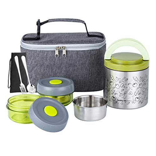 Lille Home Portable Insulated Lunch Box Set with Stainless Steel Cutlery, vacuum lunch box, to Keep Food Warm or Cool, Two Containers for Fruits and Sauces, Durable and Leak-Proof - color: Green