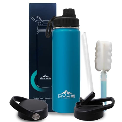 24oz Insulated Water Bottle–Vacuum Stainless Steel Bottle with | Straw, Spout, Handle, 3 Lids–Leak Proof, BPA Free, Fits Cup Holders–Metal Thermos for Hiking, Gym, Car, Bike （Light Blue） - color: Light Blue