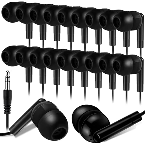 Kanayu 50 Pack Wired Earbuds Bulk for Classroom Ear Headphones Wired Basic Student Earbuds No Microphone with 3.5MM Jack for Class Laptop School Library, Individually Bagged (Black) - color: Black