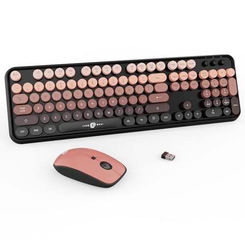FOPETT Wireless Keyboard and Mouse Combo - 2.4G Full-Sized Cute Colorful Mouse and Keyboard with 104 Round Keys Retro Typewriter Keyboard for Laptop/Windows/PC - Pink Gradient - color: V2020 Pink Gradient