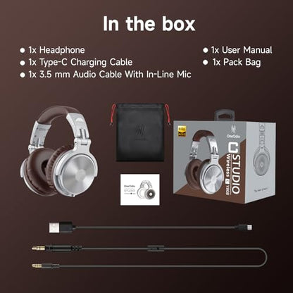 OneOdio Bluetooth Over Ear Headphones, 110 Hrs Wireless/Wired Stereo Sound Foldable Headsets with Deep Bass 50mm Neodymium Drivers for PC/Phone/Tablet - Studio Wireless Pro C, Silver - color: Silver