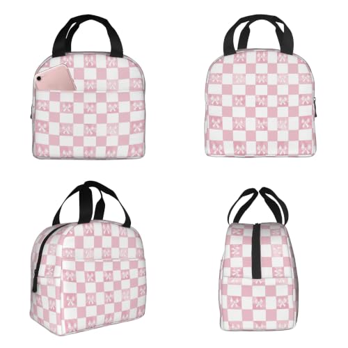 Lunch Bag Pink Check Bow Pattern Insulated Lunch Box Cooler Tote for Adults Student Boys Girls Women Men Work Office School Picnic Beach Reusable Lunchbox Over 3 Years Old - color: B0361