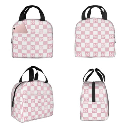 Lunch Bag Pink Check Bow Pattern Insulated Lunch Box Cooler Tote for Adults Student Boys Girls Women Men Work Office School Picnic Beach Reusable Lunchbox Over 3 Years Old - color: B0361