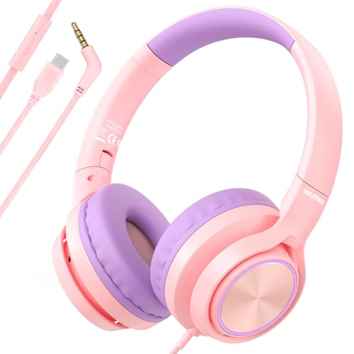Kids Headphones with 3.5mm & USB C Headphones Kids for School, Over-Ear for Boys Girls, Foldable Headphone Built-in Mic, Safe Volume for iPad/Travel/Tablets/Classroom, Back to School gift(Pink) - color: Pink