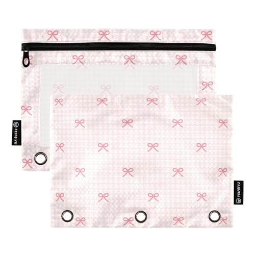 Pencil Pouch for 3 Ring Binder Pink Checkered and Bows 2 Pack Clear Window Pencil Bags with Zipper Pencil Case - color: Multicolored 2
