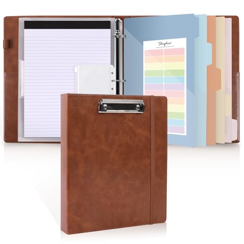 SKYDUE 3 Ring Binder with Clipboard,1 Inch Binder, 13.2" × 10.2" PU Clipboard Binder with Notepad & 5 Dividers with 5 Pockets, Labels, Clipboard Folder Great for School Office(Fit Letter Sized Paper) - color: Brown, size: Letter Size - 1 Inch