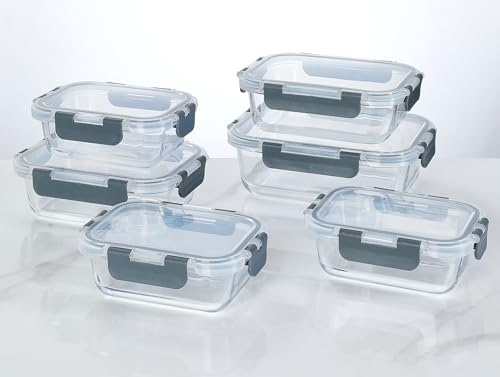 [6-piece set] Glass food preparation and storage containers with lids that provide a good seal. Glass lunch boxes that are microwave, oven, freezer, dishwasher safe. (Rectangle)