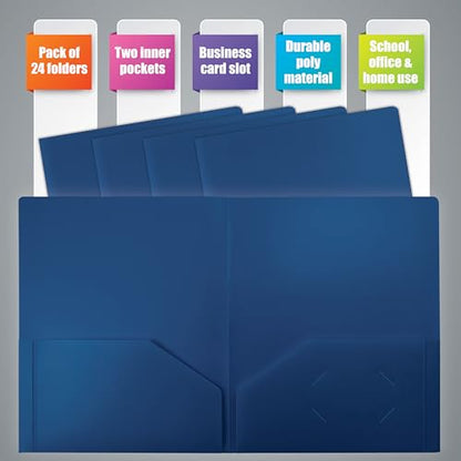 Heavyweight Blue Plastic 2 Pocket Portfolio Folder, Letter Size Poly Folders by Better Office Products, 24 Pack, Royal Blue (no prongs) - style: no prongs