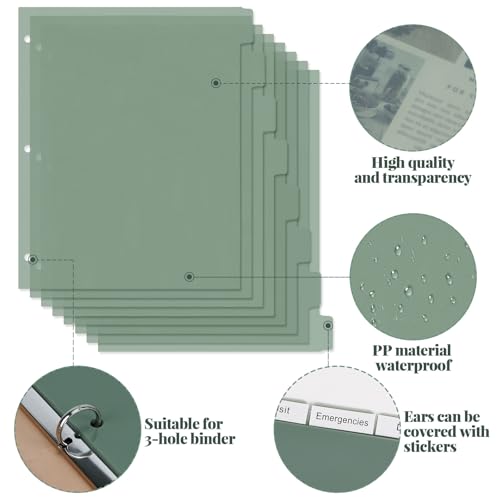 Buqoo 3 Ring Binder Dividers with 8 Reusable Tabs - Sturdy Green Plastic Index Dividers, Letter Size 8.4"x10.9" for School, Office, Planner & Journal - color: Green