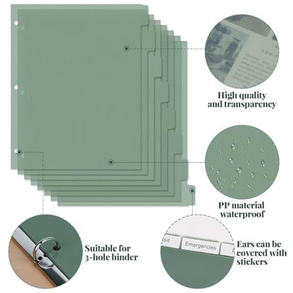 Buqoo 3 Ring Binder Dividers with 8 Reusable Tabs - Sturdy Green Plastic Index Dividers, Letter Size 8.4"x10.9" for School, Office, Planner & Journal - color: Green