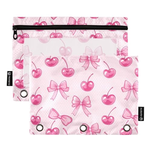 Gredecor Pink Binder Pencil Pouch 3 Ring Cherry Red Bows Zipper Pencil Pouches Case 2 Pack Clear Binder Organizer for Kids School Office - color: Cherry Red Bows