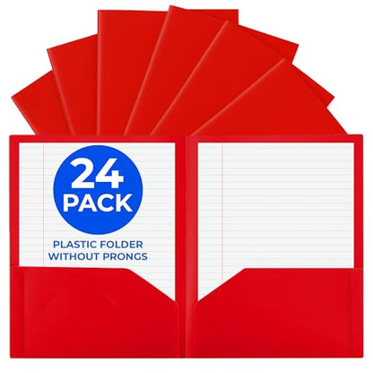 24 Pack Red Plastic Folders with Pockets Heavy Duty. 2 Pocket Folder no Prongs Bulk. Tear-Resistant Letter Size 8.5x11. Presentation Ready School and Office Supplies - color: Red, style: No Prongs