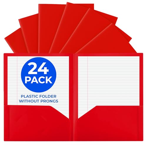 24 Pack Red Plastic Folders with Pockets Heavy Duty. 2 Pocket Folder no Prongs Bulk. Tear-Resistant Letter Size 8.5x11. Presentation Ready School and Office Supplies - color: Red, style: No Prongs