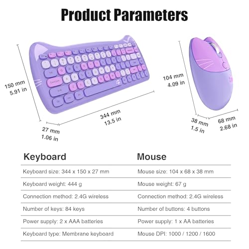 Cute Cat 2.4G USB Wireless Keyboard and Mouse Combo, Silent Keys, Candy Colors, Compatible with Notebook, PC (Purple-84Keys) - color: Purple-84Keys