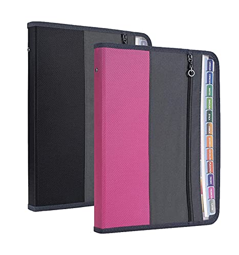 NAFY Expanding File Folders, 2Pack 13 Pockets Document Organizer with Zipper, A4 Letter Size Portable Accordion Expanding File Folders with Multicolor Labels for Office School Supplies (Black+Pink) - color: Black+pink