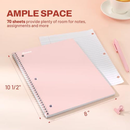 SUNEE Spiral Notebooks, 1-Subject, 5 Pack, College Ruled Paper, 8" x 10-1/2", 70 Sheets per Notebook,3-Hole Punched Paper, Pink,Purple, Blue, Green, Yellow Spiral Lined Notebooks for School,Work - style: Pastel | 5 Pack