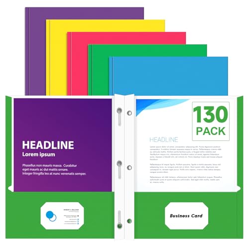 Two Pocket Folders, PANDRI 130 Pack Two Pocket Folders with Prongs, 2 Pocket 3 Prong Folders Designed for Office and Classroom, Letter Size, Assorted 5 Colors
