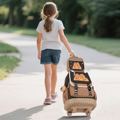 Bevalsa Capybara Theme Rolling Backpack for Girls, 3PCS Roller School Backpacks with Lunch Box & Pen Case, Kids Bookbag Schoolbag with Wheels for Teen Girl Kindergarten Elementary Middle School - color: Brown Cartoon