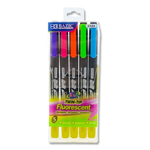 BAZIC Double Tip Neon Highlighters, Chisel Tip Broad Fine Line, Unscented Quick Dry, Highlighting Underlining Coloring Sketchbook Text Books, for Kids School Office (5/Pack), 1-Pack | chisel tips, double-tip fluorescent highlighters, Quick-dry, non-toxic