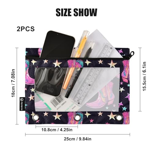 Fustylead Bright Pink Groovy Disco Cowgirl Boots Big Capacity Pencil Bag Fits 3 Ring Binders, Waterproof Pencil Case with Clear Window for School Cosmetic Office Students Supplies 2 Pack - color: Black03