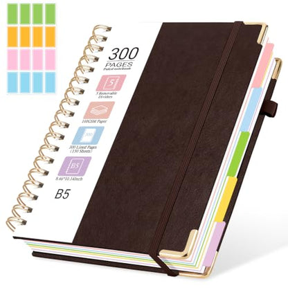 Hardcover Spiral Journal Notebook, 300 Pages 5 Subject Notebook College Ruled with Removable Dividers Tabs, 8" x 10" Notebooks for Work, Spiral Ruled Lined Writing Journal Hardcover Leather Notebook for School (Brown, 8''x 10'') - color: Brown