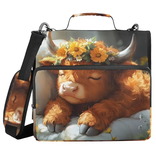 Cute Highland Cow 3 Ring Zipper Binder Bag Binder Organizer with Handle Shoulder Strap for School Work Office Supplies - color: Cute Highland Cow