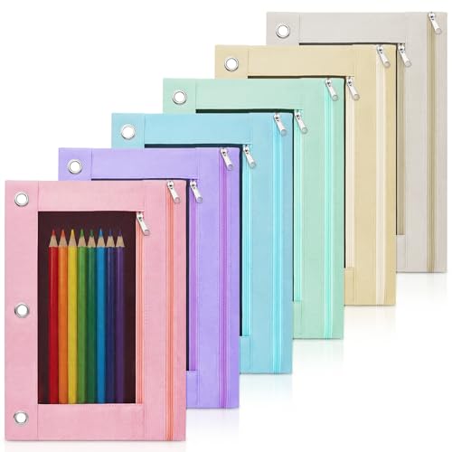 Lanpn 6 Pcs Pencil Pouch for 3 Ring Binder, 2 Pocket Zipper Binder Pouch, Pastel Binders Pencil Case, School Supplies for Boy Girl Student Office Home, Reinforced Grommets, Clear Window, Micro Mesh - color: 2 Pockets, size: 6 Pack