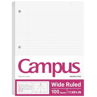 Kokuyo 3 Hole Loose Leaf Paper, 8-1/4"x11” Wide Ruled, 100 Sheets, 1 Pack | 3 Hole Punched Filler Papers, Bleed Resistance Notebook Paper, Japanese 70 GSM Smooth Paper for 3 Ring Binder 100 Sheets/Pack