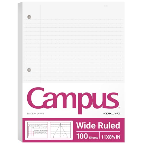 Kokuyo 3 Hole Loose Leaf Paper, 8-1/4"x11” Wide Ruled, 100 Sheets, 1 Pack | 3 Hole Punched Filler Papers, Bleed Resistance Notebook Paper, Japanese 70 GSM Smooth Paper for 3 Ring Binder 100 Sheets/Pack