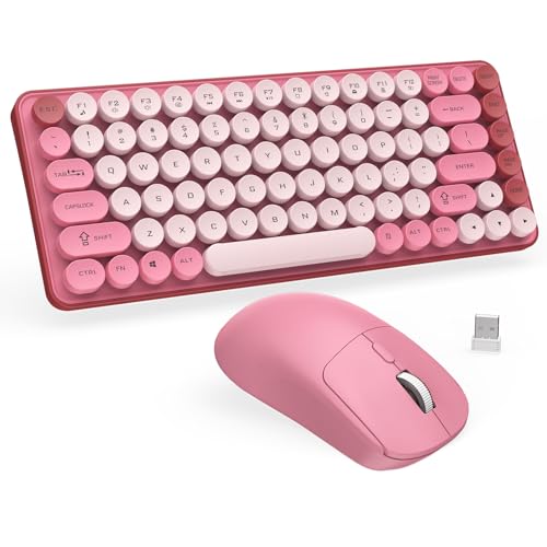 SOPPY Wireless Keyboard and Mouse Combo, Round Keycaps, 85 Keys Retro Typewriter Keyboard, Bluetooth/2.4GHz Modes, Compact & Ergonomic, Compatible with PC/Desktop/Laptop/Windows, US Layout, Pink - color: Pink