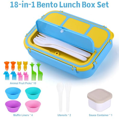 shell and turtle Bento Box for Kids Girls Boys, Bento Box Adult Lunch Box with 4 Compartments, Lunch Containers with Utensils, Sauce Jar, Muffin Liners for School, 40 Oz/5 Cup, Blue - color: Blue