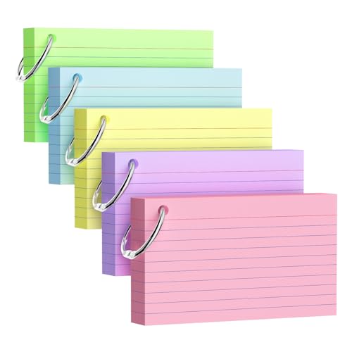 250 Count Index Cards 3x5 Inch with Key Ring, 180gsm Heavy Weight Colored Flash Cards 5 Color Assortment (50 Sheets Each) Note Taking for Students, Study Note Cards for Office School Supplies - color: Multicolor-5