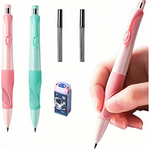 2.0mm Mechanical Pencil Set: 2 Pack Fat Grip Pencils for Kids with 14 Leads | Soft silicone grips, 14 HB lead refills and built-in sharpeners support preschool handwriting, drawing and beginner practice. - style: 2 pack red&green