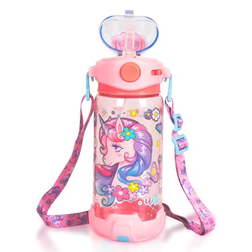 Kids Water Bottle with Straw/Lanyard for School Kids Girls Boys, 22oz BPA Free Child Drinking Water Bottle One-Click-Open Leak-Proof Locking Flip Lid for School Sport Travel - color: H01. Unicorn