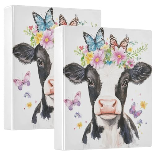 Watercolor Cow with Floral Garland and Colorful Butterfly 3 Ring Binder 1.5" Decorative D-Ring Binder with Clipboard&3 Clear Pockets, Holds 200 Sheets A4 Size Paper Binders for School Home, 2 Pack - color: Cow With Floral Garland, size: 12.4x10.63x2.36 In