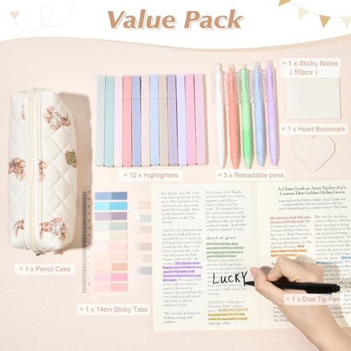 Aileam 22Pcs Book Annotation Kit Aesthetic Pencil Case with Supplies School Annotation Supplies Gel Pen Transparent Sticky Note Taking Bible Study College Stationery Supplie (Bear Cub Print) - color: Bear Cub Print