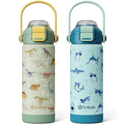 Fimibuke 18oz Kids Insulated Water Bottle with 2-in-1 Straw & Spout Lid | Leak Proof 18/8 Stainless Steel Vacuum Tumbler with Pop-Open Lid, BPA-Free Kids Cup for Travel School Girl Boy Toddler 2 Pack - color: Dinosaur & Shark, size: 18 Ounces