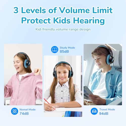 EarFun K4 Kids Bluetooth Headphones, Wireless Headphones with LED Lights | 74/85/94dBA Volume Limited, Built-in Mic, 90H Playtime, Bluetooth 5.4 Over Ear Headphone for iPad/Tablet/School, Dark Black - color: Dark Black