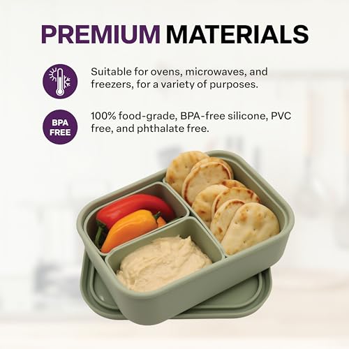 A-to-Z Supply 289-0054G Heavy Duty Silicone Bento Box with 3 Removable Compartments, BPA-Free, Leak-Resistant, Dishwasher & Microwave Safe, Ideal for Work, Travel & Meal Prep, Green - style: 3 Compartments Removable