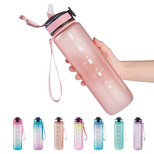 EYQ 32 oz Water Bottle with Time Marker, Carry Strap, Leak-Proof Tritan BPA-Free, Ensure You Drink Enough Water for Fitness, Gym, Camping, Outdoor Sports - color: 9.Rose Pink