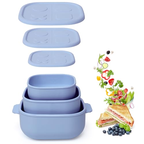 Silicone Bento Box ｜Food Grade & Leakproof Lunch Box Bento with Lids ｜3-Piece Space-Saving Nesting Kit Food Storage Containers Set (Blue) - color: Blue