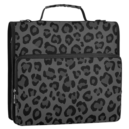 Leopard Gray Black Pattern 3 Ring Zipper Binder with Shoulder Strap & Handle 1.5 Inch D-Ring Zippered Bag with Pencil Pouch,Expanding File Folder, Binder Organizer for School or Office - color: Leopard Gray Black