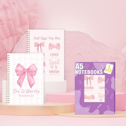 Xqumoi 2 Pack A5 Pink Bow Coquette Religious Spiral Notebooks - She Is Worthy Bible Verses Writing Notebooks, Ruled Lined Journal, Christian Christmas Gift, Sunday School Supplies - style: J-Pink Bow Religious