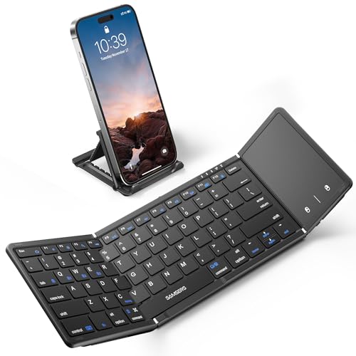 Samsers Foldable Bluetooth Keyboard with Touchpad, Full-Size Wireless Folding Keyboard with PU Leather, Portable Travel for iOS Android Windows Mac OS, Support 3 Devices (BT5.1 x 3), Black - color: Refined Black