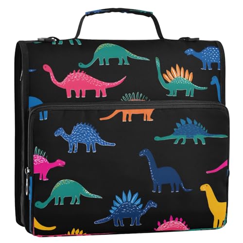 3 Ring Zipper Binder With Shoulder Strap Documents Storage Organizer Animal Dog - color: Dinosaurs Pattern