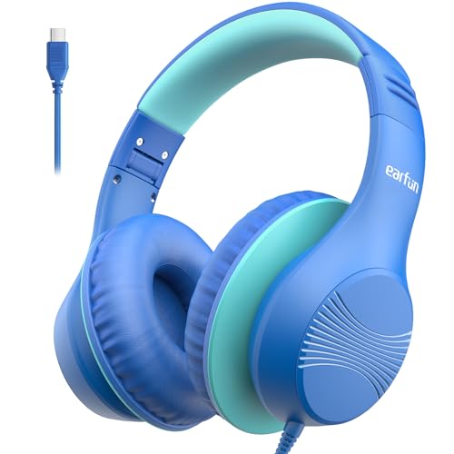 EarFun K3 Kids Headphones, USB Type C Over Ear Headphones for Kids, Volume Limit, HD Stereo Sound, Comfortable Fit, Foldable Wired Headphone for School/Travel/Boys/Girls/Tablet/iPad, Blue - color: USB-C Blue