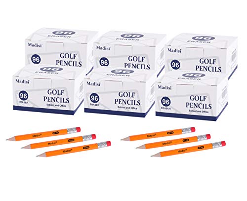 Madisi Mini Golf Pencils Bulk with Eraser, 576 Count, #2 HB Pre-Sharpened | 3.5" Short Pencils, 6 Boxes, Small Half Pencils for Kids - size: 96 Count (Pack of 6)